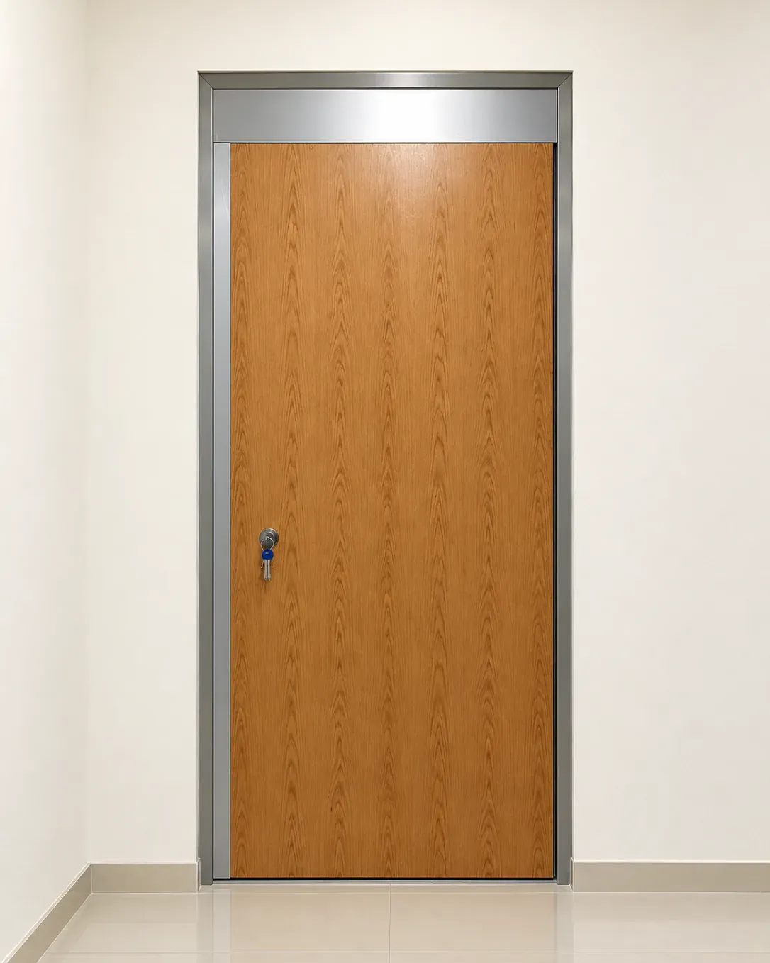 Puerta de madera con marco metálico instalada en un acceso interior, con las llaves puestas en la cerradura