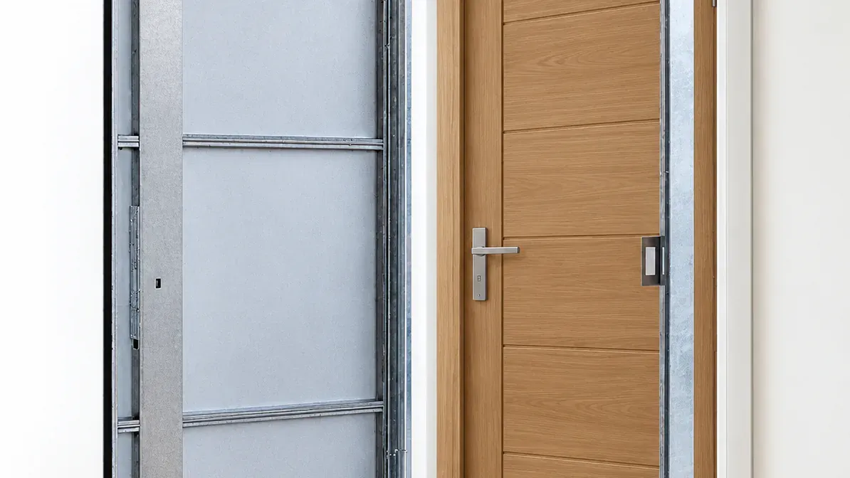 Puerta de seguridad abierta que muestra su estructura interior de acero galvanizado junto a su acabado en madera