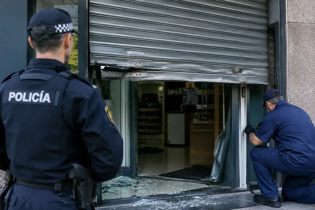 Serraller assegurant la persiana forçada d'un comerç al costat d'un agent de policia