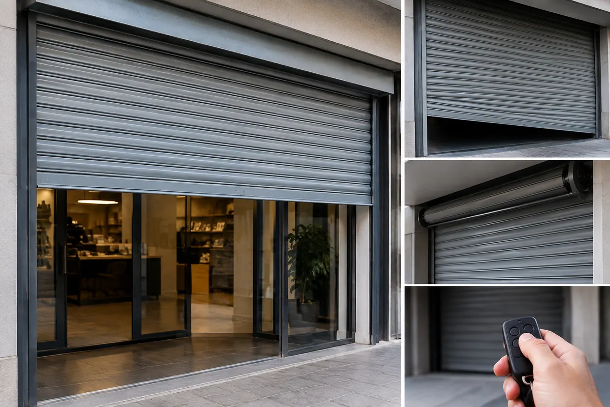 Persiana metàl·lica d'un local comercial, abaixada a mitges i accionada amb comandament